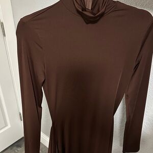 Elegant Mock Neck Brown Long Sleeve Women's Dress